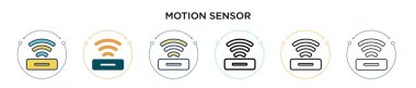 Hareket sensörü simgesi doldurulmuş, ince çizgi, ana hatlar ve vuruş stili. Mobil, ui, web için iki renkli ve siyah hareket sensör ikonu tasarımının vektör illüstrasyonu kullanılabilir