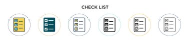 Liste simgesi doldurulmuş, ince çizgi, özet ve vuruş stili. İki renkli ve siyah kontrol listesi vektör simgesi tasarımı mobil, ui, web için kullanılabilir