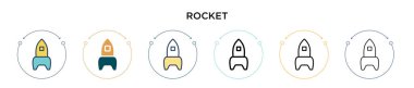 Roket ikonu dolu, ince çizgi, özet ve vuruş stili. Mobil, ui, web için iki renkli ve siyah roket vektör ikonu tasarımı vektör illüstrasyonu kullanılabilir