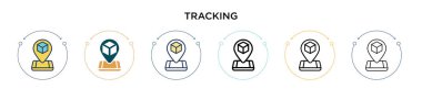 İkonun izi sürülüyor, ince çizgi, ana hatlar ve vuruş stili. Mobil, ui, web için iki renkli ve siyah takip vektör ikonu tasarımının vektör illüstrasyonu kullanılabilir