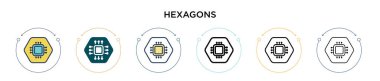 Hexagons simgesi doldurulmuş, ince çizgi, ana hatlar ve vuruş stili. Mobil, ui, web için iki renkli ve siyah altıgen vektör simgesinin vektör çizimi kullanılabilir