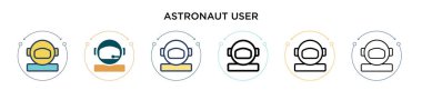 Astronot kullanıcı simgesi ile doldurulmuş, ince çizgi, özet ve vuruş stili. Mobil, ui, web için iki renkli ve siyah astronot kullanıcı vektör simgesi tasarımı vektör illüstrasyonu kullanılabilir