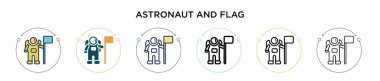 Astronot ve bayrak ikonu dolu, ince çizgi, özet ve vuruş stili. Mobil, ui, web için iki renkli ve siyah astronot ve bayrak vektör ikonu tasarımı vektör illüstrasyonu kullanılabilir
