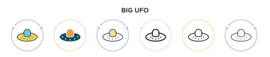 Büyük UFO simgesi, ince çizgi, özet ve vuruş stili. Mobil, ui, web için iki renkli ve siyah UFO vektör simgesinin vektör çizimi kullanılabilir