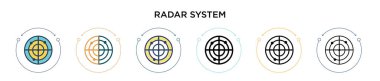 Radar sistemi simgesi doldurulmuş, ince çizgi, özet ve vuruş stili. Mobil, ui, web için iki renkli ve siyah radar sistem vektör ikonu tasarımının vektör illüstrasyonu kullanılabilir