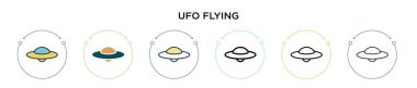 Ufo uçan ikon, ince çizgi, özet ve vuruş stili. Mobil, ui, web için iki renkli ve siyah UFO uçan vektör simgelerinin vektör çizimi kullanılabilir