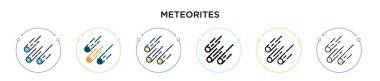 Meteorların simgesi. İnce çizgi, ana hatlar ve vuruş stili. Mobil, ui, web için iki renkli ve siyah göktaşı vektör ikonu tasarımı vektör illüstrasyonu kullanılabilir