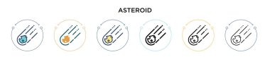 Göktaşı simgesi dolu, ince çizgi, ana hatlar ve vuruş stili. Mobil, ui, web için iki renkli ve siyah asteroit vektör ikonu tasarımının vektör çizimi kullanılabilir