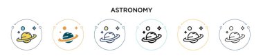 Astronomi ikonu dolu, ince çizgi, özet ve vuruş stili. Mobil, ui, web için iki renkli ve siyah astronomi vektör ikonu tasarımının vektör illüstrasyonu kullanılabilir