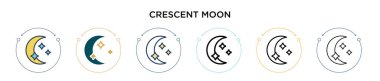 Hilal ikonu dolunay şeklinde, ince çizgi halinde, ana hatlarıyla ve vuruş tarzıyla. Mobil, ui, web için iki renkli ve siyah hilal vektör ikonu tasarımı vektör illüstrasyonu kullanılabilir