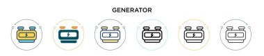 Jeneratör simgesi dolu, ince çizgi, ana hat ve vuruş stili. Mobil, ui, web için iki renkli ve siyah jeneratör vektör ikonu tasarımının vektör illüstrasyonu kullanılabilir