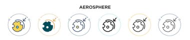 Aerosphere simgesi, ince çizgi, özet ve vuruş tarzında. Mobil, ui, web için iki renkli ve siyah aerosfer vektör simgesi tasarımı vektör illüstrasyonu kullanılabilir