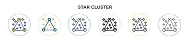 Yıldız kümesi simgesi doldurulmuş, ince çizgi, özet ve vuruş stili. Mobil, ui, web için iki renkli ve siyah yıldız küme vektör ikonu tasarımının vektör illüstrasyonu kullanılabilir