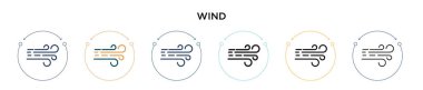 Rüzgar ikonu dolu, ince çizgi, dış hatlar ve vuruş stili. Mobil, ui, web için iki renkli ve siyah rüzgar vektör ikonu tasarımı vektör illüstrasyonu kullanılabilir