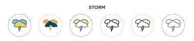 Fırtına ikonu dolu, ince çizgi, özet ve vuruş stili. İki renkli ve siyah fırtına vektör simgesi tasarımı mobil, ui, web için kullanılabilir