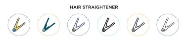 Saç düzleştirici ikonu doldurulmuş, ince çizgi, ana hatlar ve vuruş stili. Mobil, ui, web için iki renkli ve siyah saç düzleştirici vektör ikonu tasarımı vektör illüstrasyonu kullanılabilir