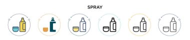 Sprey ikonu doldurulmuş, ince çizgi, ana hatlar ve vuruş stili. Mobil, ui, web için iki renkli ve siyah sprey vektör ikonu tasarımı vektör illüstrasyonu kullanılabilir