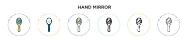 El aynası ikonu dolu, ince çizgi, dış hatlar ve vuruş stili. Mobil, ui, web için iki renkli ve siyah el ayna vektör ikonu tasarımı vektör illüstrasyonu kullanılabilir