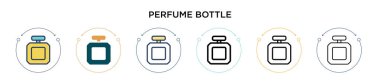 Parfüm şişesi ikonu, ince çizgi, özet ve vuruş stili. Mobil, ui, web için iki renkli ve siyah parfüm şişesi ikonu tasarımı vektör illüstrasyonu kullanılabilir