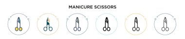 Manikür makas ikonu dolu, ince çizgi, ana hatlar ve vuruş stili. Mobil, ui, web için iki renkli ve siyah manikür makas vektör ikonu tasarımı vektör illüstrasyonu kullanılabilir