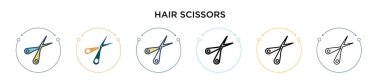 Saç makas simgesi dolu, ince çizgi, ana hatlar ve vuruş stili. Mobil, ui, web için iki renkli ve siyah saç makas vektör ikonu tasarımı vektör illüstrasyonu kullanılabilir