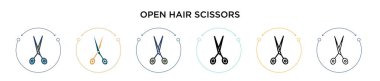 Saç makasının ikonunu aç. Dopdolu, ince çizgi, ana hatlar ve vuruş stili. Mobil, ui, web için iki renkli ve siyah saç makas vektör ikonu tasarımı vektör illüstrasyonu kullanılabilir