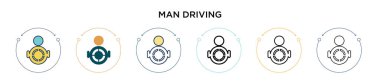 Dopdolu, ince çizgili, ana hatlı ve vuruş stili bir adam sürücüsü. İki renkli ve siyah adamın vektör ikonlarının vektör çizimi mobil, ui, web için kullanılabilir