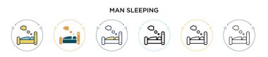 Uyuyan adam ikon şeklinde, ince çizgi, ana hatlar ve vuruş stili. İki renkli ve siyah adam uyku vektörü simgesi tasarımı mobil, ui, web için kullanılabilir