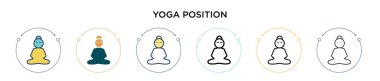 Yoga pozisyonu simgesi doldurulmuş, ince çizgi, özet ve vuruş stili. Mobil, ui, web için iki renkli ve siyah yoga konum vektör ikonu tasarımı vektör illüstrasyonu kullanılabilir