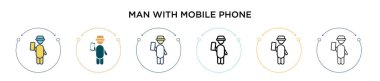 Cep telefonu simgesi dolu, ince çizgili, taslak ve vuruş stili olan bir adam. Cep telefonu vektör simgelerine sahip iki renkli ve siyah adamın vektör illüstrasyonu cep telefonu, ui, web için kullanılabilir