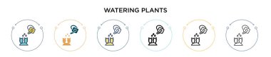 Bitkileri sulama ikonu, ince çizgi, ana hatlar ve vuruş stili. Mobil, ui, web için iki renkli ve siyah sulama bitkisi vektör ikonu tasarımı vektör illüstrasyonu kullanılabilir