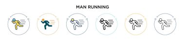 İkonun içinde koşan adam, ince çizgi, özet ve vuruş stili. Vektör simgelerini çalıştıran iki renkli ve siyah adamın vektör illüstrasyonu mobil, ui, web için kullanılabilir