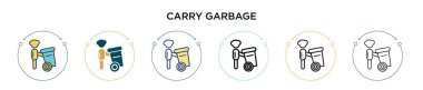 Çöp ikonunu doldurulmuş, ince çizgi halinde, ana hatlarıyla ve vuruş tarzıyla taşıyın. İki renkli ve siyah çöp taşıyıcı vektör simgesi tasarımı mobil, ui, web için kullanılabilir