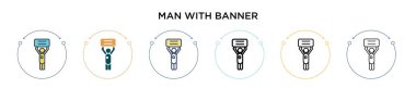 Sancak simgesi dolu, ince çizgi, özet ve vuruş stili olan bir adam. Sancak vektör simgelerine sahip iki renkli ve siyah adamın vektör illüstrasyonu mobil, ui, web için kullanılabilir