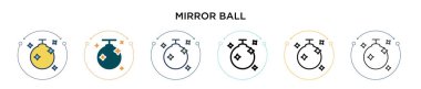 Ayna topu ikonu dolu, ince çizgi, özet ve vuruş stili. Mobil, ui, web için iki renkli ve siyah ayna topu vektör ikonu tasarımı vektör illüstrasyonu kullanılabilir