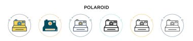 Polaroid simgesi dolu, ince çizgi, ana hatlar ve vuruş stili. Mobil, ui, web için iki renkli ve siyah polaroid vektör simgesinin vektör çizimi kullanılabilir