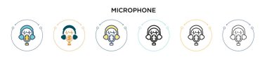 Mikrofon simgesi doldurulmuş, ince çizgi, özet ve vuruş stili. Mobil, ui, web için iki renkli ve siyah mikrofon vektör ikonu tasarımının vektör illüstrasyonu kullanılabilir