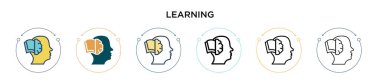 Dolu, ince çizgi, özet ve vuruş stili olarak simge öğrenme. İki renkli ve siyah öğrenme vektör simgesi tasarımı mobil, ui, web için kullanılabilir