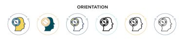 Oryantasyon simgesi doldurulmuş, ince çizgi, özet ve vuruş stili. Mobil, ui, web için iki renkli ve siyah yönelim vektör ikonu tasarımının vektör illüstrasyonu kullanılabilir