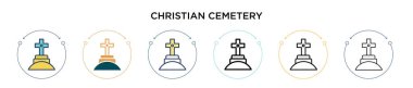 Hristiyan mezarlığı ikonu, ince çizgi, özet ve vuruş stili. Mobil, ui, web için iki renkli ve siyah Hristiyan mezarlık vektör simgesi tasarımı kullanılabilir