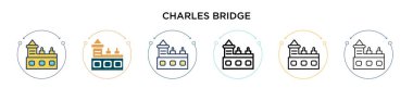 Charles Köprüsü simgesi doldurulmuş, ince çizgi, özet ve vuruş stili. Mobil, ui, web için iki renkli ve siyah Charles köprü vektör simgesi tasarımı vektör illüstrasyonu kullanılabilir