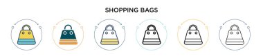 Alışveriş poşetleri ikonu, ince çizgi, özet ve vuruş stili. İki renkli ve siyah alışveriş çantalarının vektör illüstrasyonları vektör simgeleri mobil, ui, web için kullanılabilir