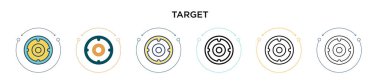 Hedef sembol simgesi doldurulmuş, ince çizgi, özet ve vuruş stili. Mobil, ui, web için iki renkli ve siyah hedef vektör simgesi tasarımının vektör illüstrasyonu kullanılabilir