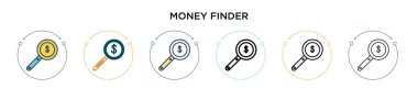 Para bulucu simgesi dolu, ince çizgi, özet ve vuruş stili. Mobil, ui, web için iki renkli ve siyah para bulucu vektör ikonu tasarımı vektör illüstrasyonu kullanılabilir