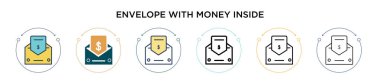 Zarfın içinde para dolu, ince çizgi, özet ve vuruş stili var. Vektör simgelerinin içinde para olan iki renkli ve siyah zarfın vektör illüstrasyonu taşınabilir için kullanılabilir, ui,