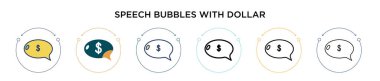Dolu dolar işareti simgesi olan konuşma baloncukları, ince çizgi, özet ve vuruş stili. Dolar işareti simgeli iki renkli ve siyah konuşma baloncuğunun vektör illüstrasyonu 