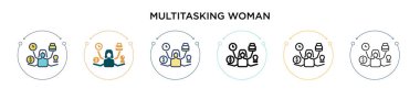 Çoklu görev kadın simgesi doldurma, ince çizgi, taslak ve vuruş stili. Mobil, ui, web için iki renkli ve siyah çoklu görev kadın vektör ikonu tasarımı vektör illüstrasyonu kullanılabilir
