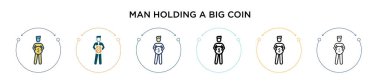 Büyük bir madeni para ikonu tutan adam ince çizgi halinde, ana hatlarıyla ve vuruş tarzıyla. Büyük bir sikke vektör simgesi taşıyan iki siyah ve renkli adamın vektör illüstrasyonu mobil, ui, web için kullanılabilir
