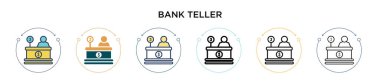Banka veznedarı ikonu, ince çizgi, özet ve vuruş stili. Mobil, ui, web için iki renkli ve siyah banka veznedar vektör ikonu tasarımı vektör illüstrasyonu kullanılabilir