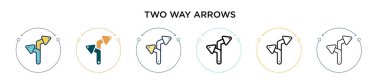 İki yönlü ok simgesi doldurulmuş, ince çizgi, özet ve vuruş stili. İki renkli ve siyah ok vektör simgelerinin vektör illüstrasyonu mobil, ui, web için kullanılabilir